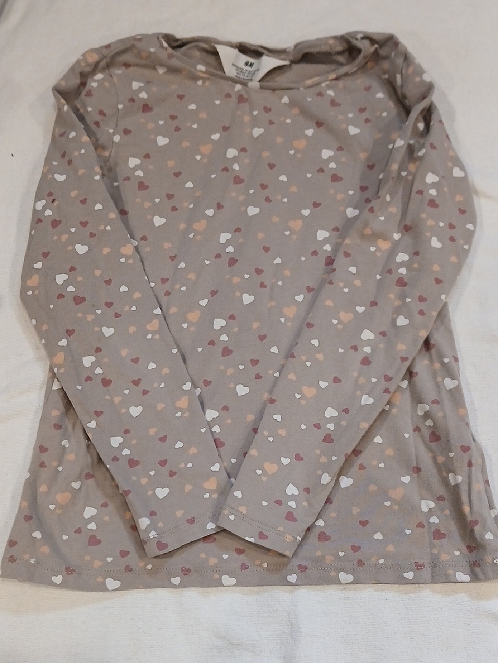 H&M Girls Beige Long Sleeve Heart Print Top - White, Pink, Peach Hearts